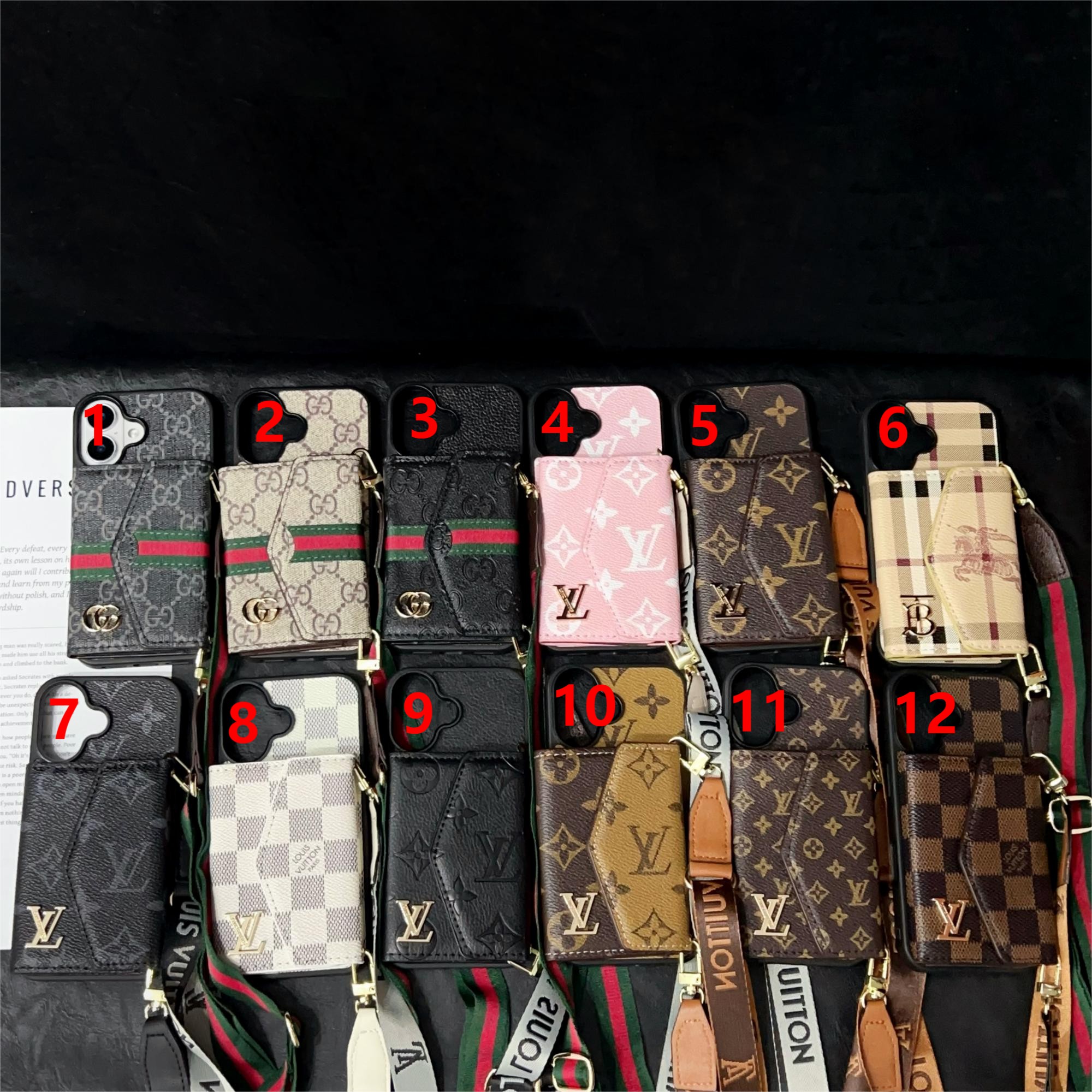 LV - Aesthetic Flip - Top Card Case with Lanyard + Genuine Leather iPhone 11 12 13 14 15 16Pro Max Shells